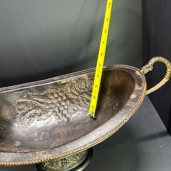 Vintage Brass Table Centerpiece Bowl Pedestal Embossed Fruit with Handles 16" L - Picture 11 of 14